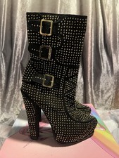 Jeffrey Campbell Size 5 Black Suede& Gold Stud Mid Calf Boots With High Heel