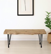 Dining Bench, Live Edge Effect Wooden Bench, 110cm Kitchen Bench with Metal Legs