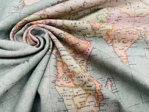 Retro world map print fabric - world,