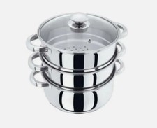 3 Tier Stainless Steel Steamer Cooker Pot Set Pan Cook Food Glass Lids 25cm UK