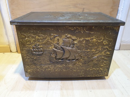 Vintage brass wood scuttle - wood,