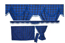 TARTAN TRUCK CURTAINS FULL SET ROYAL BLUE & BLUE TASSELS