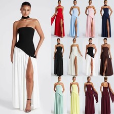 Women's Boob Tubes High Split Bodycon Long Party Cocktail Ruffles Swing Dress UK