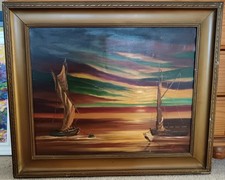 Boats at Sunset Oil on Canvas Painting by John Caws British 20th Century Signed