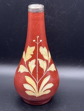 Small Porcelain Bud Vase-Red/Orange & Cream Floral Pattern-Silver Rim-12.5 cm