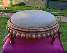 Antique Victorian Walnut & Fabric Circular Footstool on 3 Legs, Great Usable Con