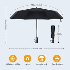 Travel Umbrella Auto Open Close Strong Fiberglass Frame Windproof 10 Ribs Black