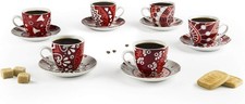 Excelsa Mandala Red Set of 6 Coffee Cups with Saucers Made from Fine Porcelain