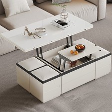 Mobile adjustable coffee table, convertible dining table, with storage space