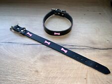 Black Dog Collar Real Leather Pink Bone Fitting 21mm 7/8 All Sizes A2