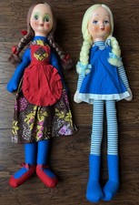TWO Vintage Lobby Loo Blue &Red Rag Dolls Long Legs Blonde and Brown Hair Braids