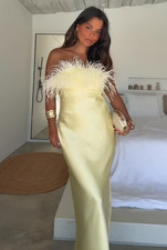 Zara Feathered Long Satin Dress Strapless Yellow Size S M L XL 2168/002 New