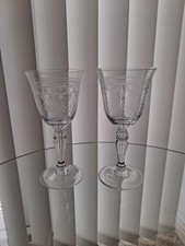 PAIR LARGE PALL MALL LADY HAMILTON CRYSTAL ETCHED WINE GLASSES 7"