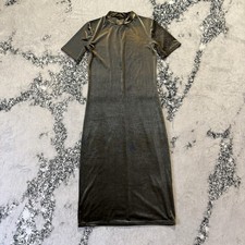 Zara Dress Womens Size M Pewter Velvet Short Sleeve Midi Stretch Bodycon