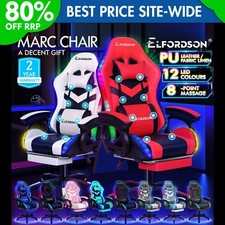 ELFORDSON Gaming Office Chair 8 Massage 12 RGB LED Footrest Padded Arms Computer