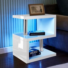High Gloss Side Coffee Table 2 Tier Bedside End Table With LED Light Living Room