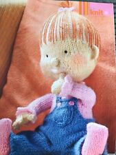 KNITTING PATTERN Alan Dart Baby Pearl toy wearing dungarees 23cm tall sitting 