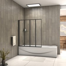 Bathroom Matt Black Frameless 900x1400mm 4 Folding Shower Bath Screen Over Bath