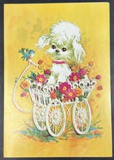 Vintage Greeting Card Poodle Dog Flower Cart Mod Happy Birthday ~ Unused