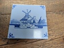 L19thC blue Delft tile, windmill and rustic buildings, classic image,VGC for age