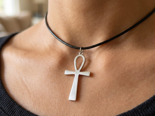 Silver ankh pendant black - on, a