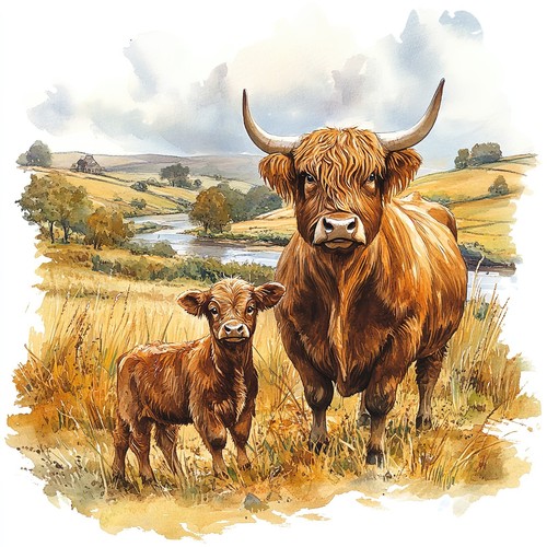 Highland cow and calf - highland,