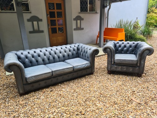 Blue leather chesterfield sofa - leather,