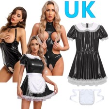 UK Women's PVC Leather French Maid Mini Tutu Dress with Apron Cosplay Costume