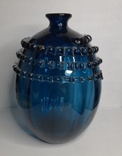 Peacock Blue Glass Vase Large Hand Blown Polished Pontil Mark
