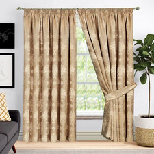 Luxury Jacquard Pencil Pleat Curtains Ready Made Pair of Curtains + Tiebacks