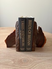 Vintage Rustic Live Edge Wood Bookends Natural Bark Dark Grain Teak Walnut Style