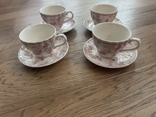 Set of 4 Vintage Churchill Toile Pink 3.5/5.5 Inch Tea Cups/Saucers Made England
