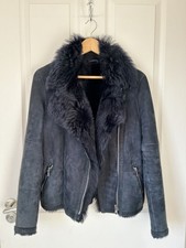 Real Shearling Jacket Suede Sheepskin Lamb  Navy S 10 