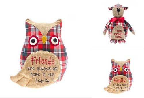 Owl door stop red - tartan, &