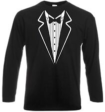 New Tuxedo Tie Long Sleeve T-Shirt Mens Funny Fancy Dress Bow Gift Party Tee Top