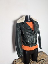 Zara Leather Green  Short Biker Jacket Coat Size 6-8 Lined Belted 
