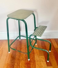 Vintage 1950s Folding Step Stool Green Metal Kitchen Ladder Retro Industrial UK
