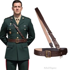 Sam Browne Belt BROWN Genuine Leather Complete British Military Cross Strap Army