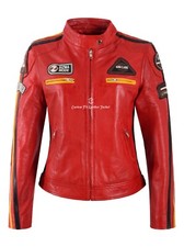 SIZMA Ladies Real Leather Jacket Red Classic Retro Motorcycle Racer Style Jacket