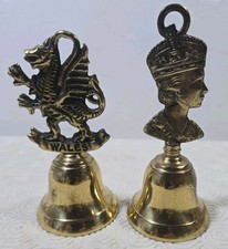 Vintage pair of Brass Wales dragon and Queens head Hand Bells office desk 