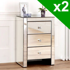 Pair of Venetian Mirrored 3 Drawer Bedside Tables - Lamp Bedroom Furniture VEN07