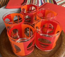 5 VTG Georges Briard Red Half Circles MCM Lowball Old Fashioned Rocks Glasses
