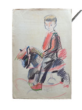 Antique Drawing Portrait Small Boy Wooden Horse Carousel Roland Balme 1970