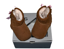 Brown Genuine UGG Boots Baby Size 6-12  Months Pink Bows Lined Hook and Loop
