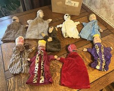 Vintage Antique Hand Puppet Bundle Of Nine Wooden Carved Heads Devil King Death 