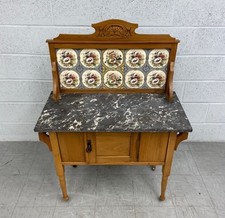 Antique Edwardian Satinwood with Marble Top & Tiled Back Washstand / Vanity Unit