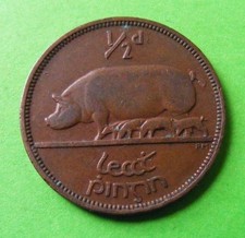 Irish 1941 Halfpenny Coin Ireland 1/2d Vintage Original Pig Piglets Celtic Harp