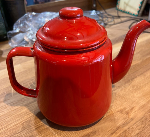 Retro red enamel teapot - red,