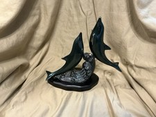Bronze Dolphin Sculpture 9'' Heavy Wave On Wooden Base