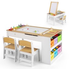 COSTWAY 2-in-1 Kids Art Table and Easel Set Wooden Drawing Desk w/Chairs-Natural